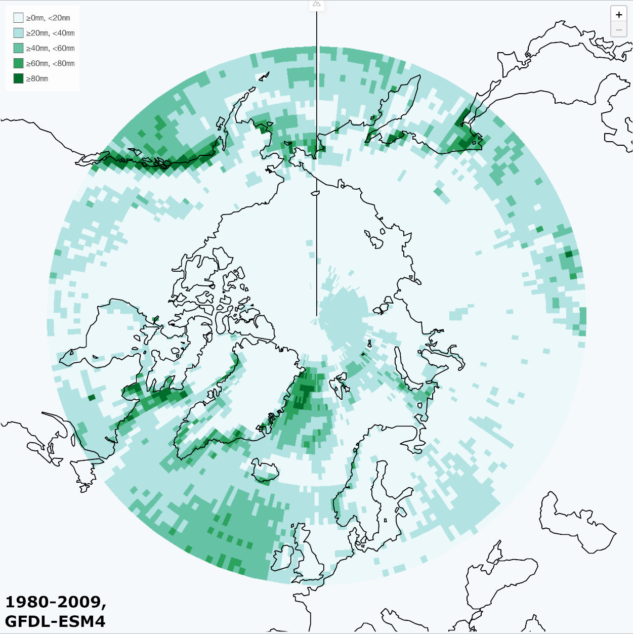 Maximum 1-day Precipitation (1980-2009, GFDL-ESM4 model)